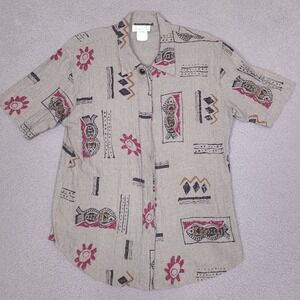Pride & Joy Vintage Tribal Fish Print Button Down Shirt Womens 16M Made in USA